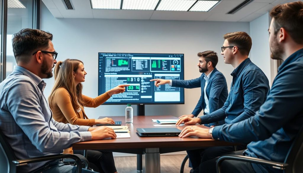 IT team discussing vulnerability assessment challenges in a meeting