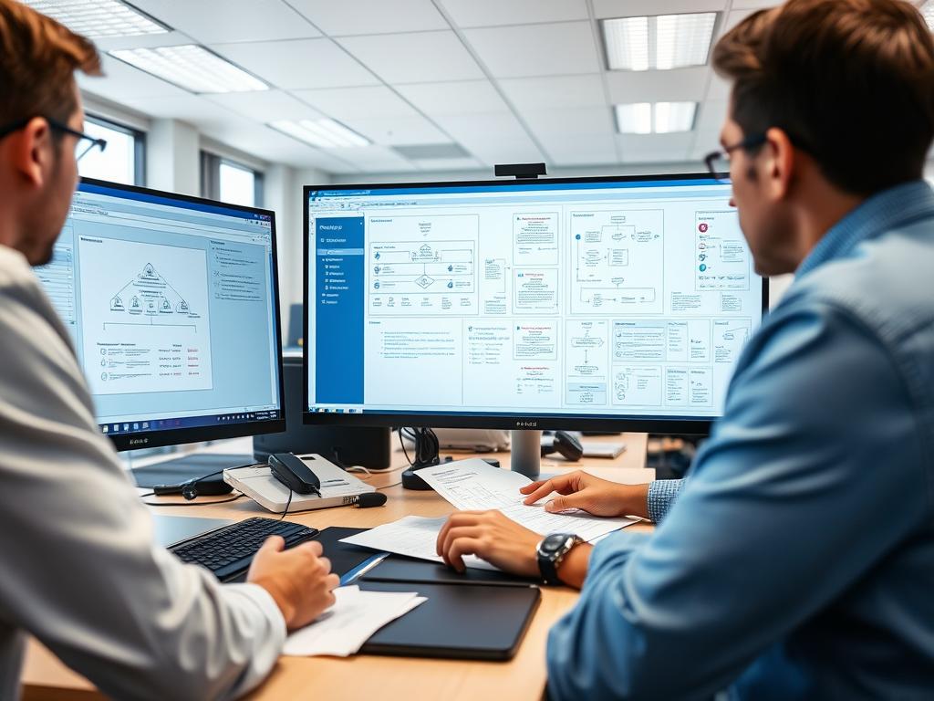 IT team working on Azure migration planning with diagrams and flowcharts