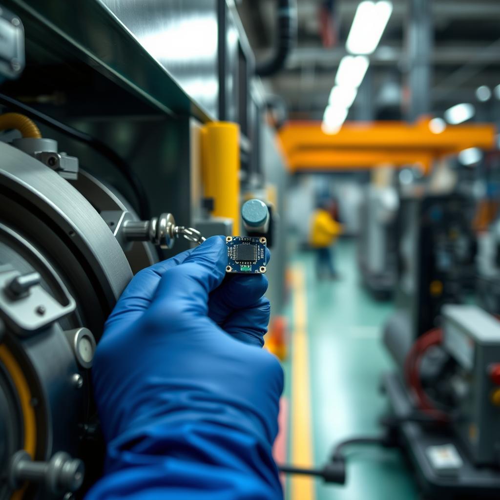 Industrial IoT sensors being installed on manufacturing equipment for predictive maintenance Industrial IoT sensors being installed on manufacturing equipment for predictive maintenance