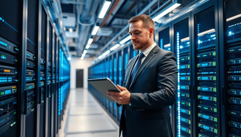 Modern IT infrastructure with server racks and network connections representing infrastructure consultancy service Modern IT infrastructure with server racks and network connections representing infrastructure consultancy service
