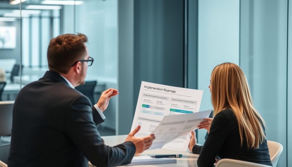 Opsio consultant discussing security implementation plan with client
