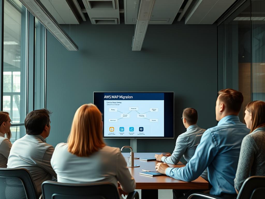 Opsio consultant explaining AWS MAP benefits to client executives