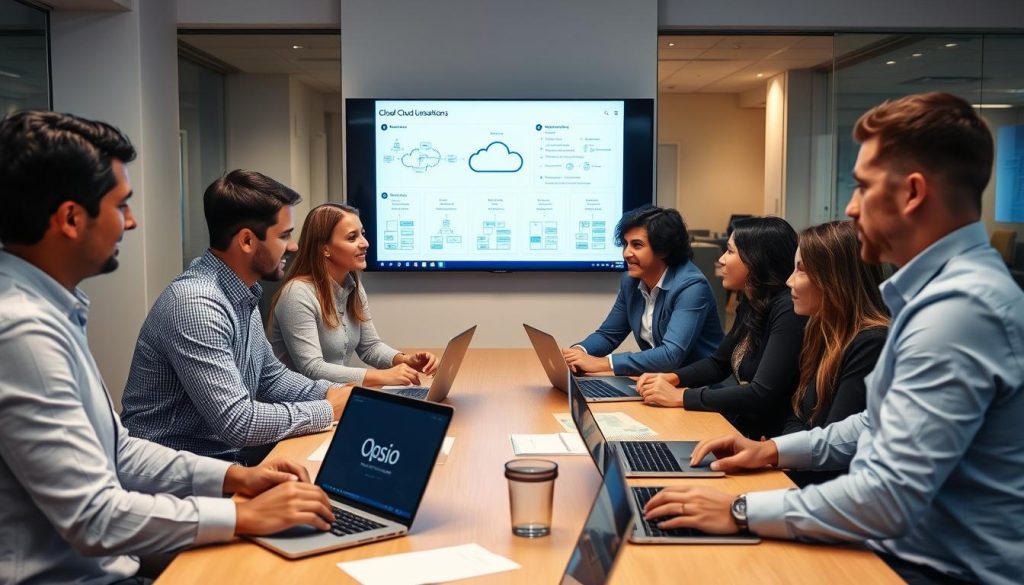 Opsio consultants collaborating on cloud strategy with client
