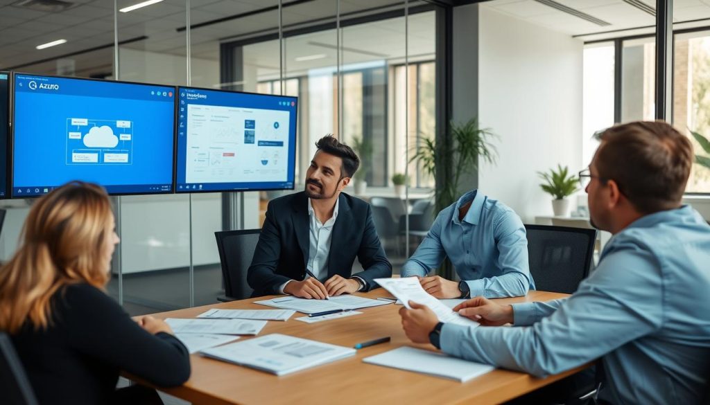 Opsio team collaborating with Azure consultant on implementation strategy