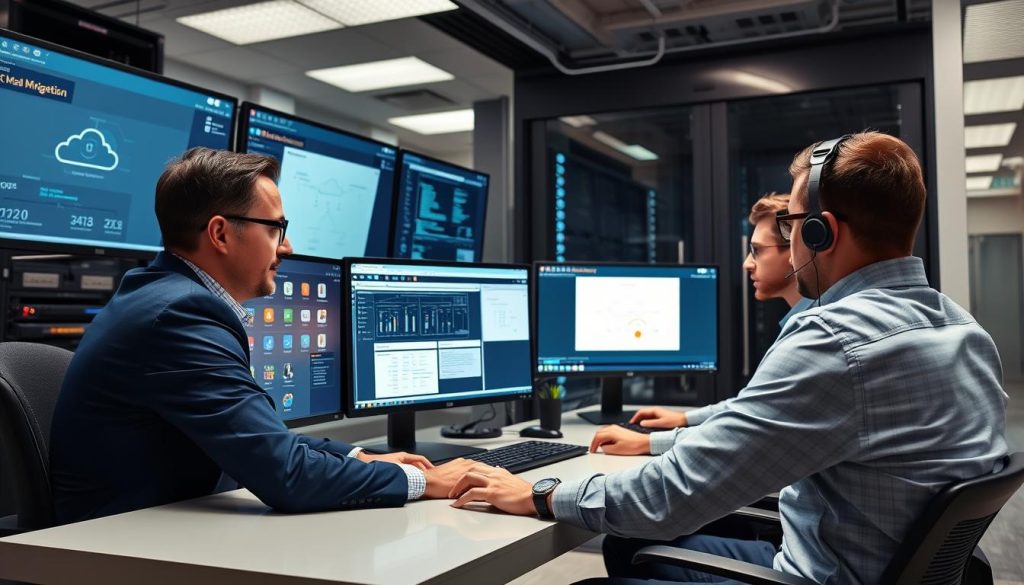 Opsio technical team implementing AWS migration solutions in a data center environment