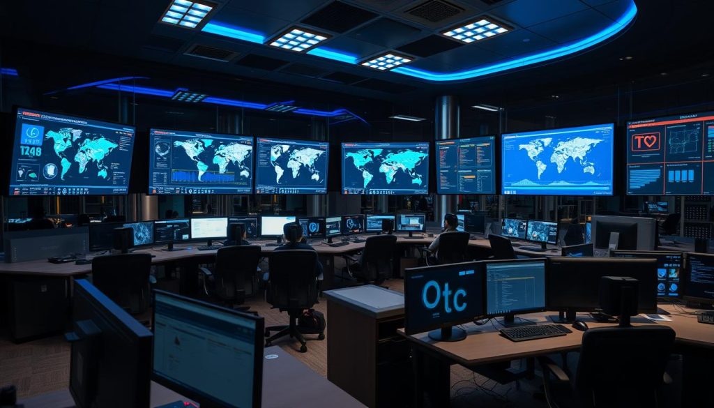 Opsio's Security Operations Center with analysts monitoring multiple security screens