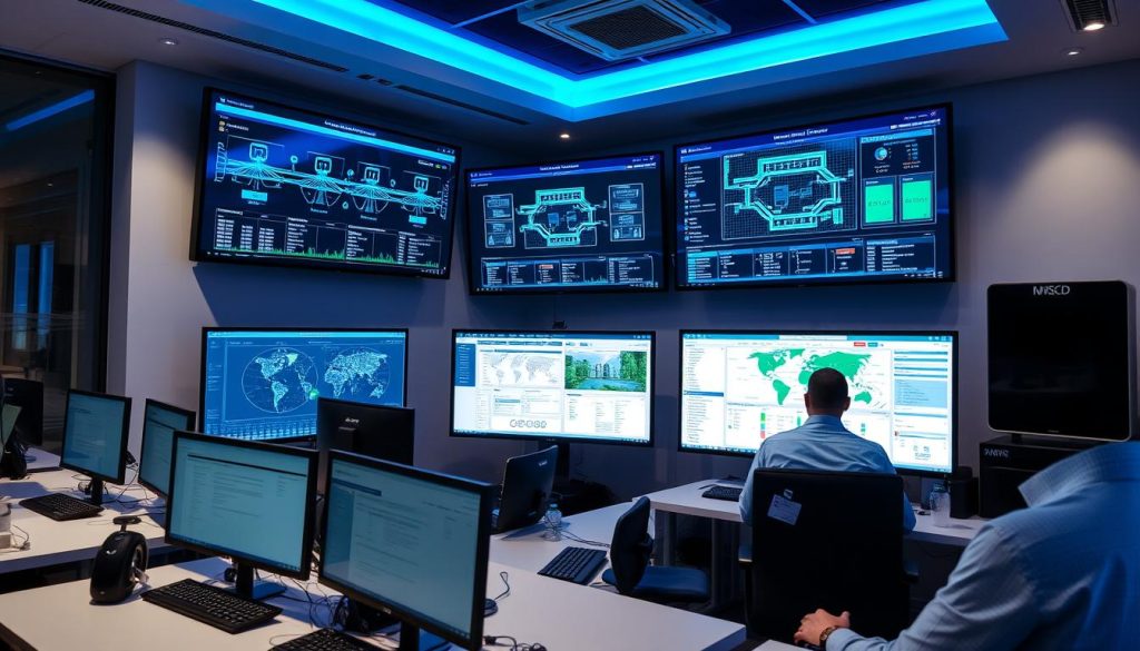Opsio's hosted managed services operations center with technicians monitoring multiple client environments