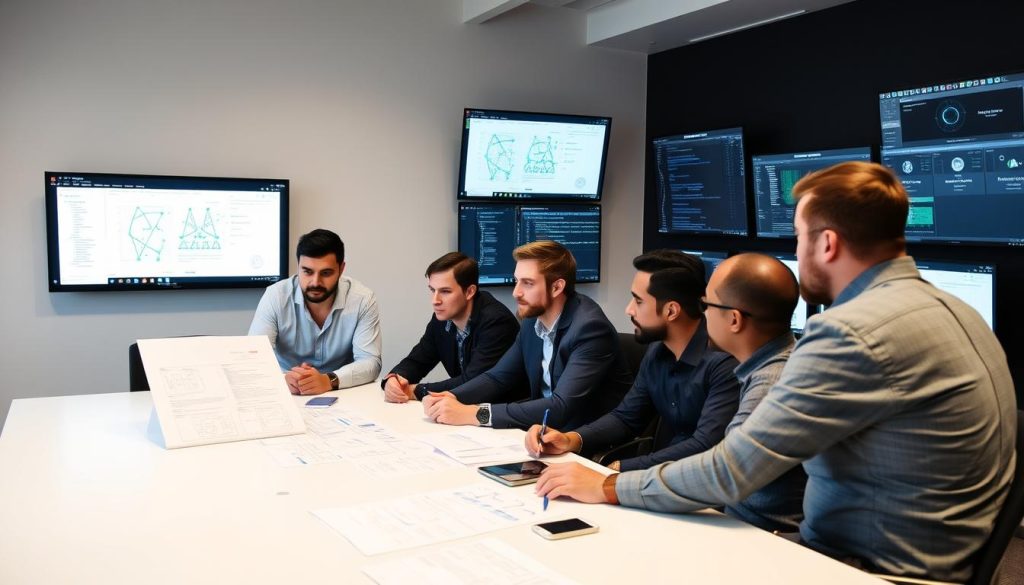 Opsio's security team planning a penetration test around a conference table