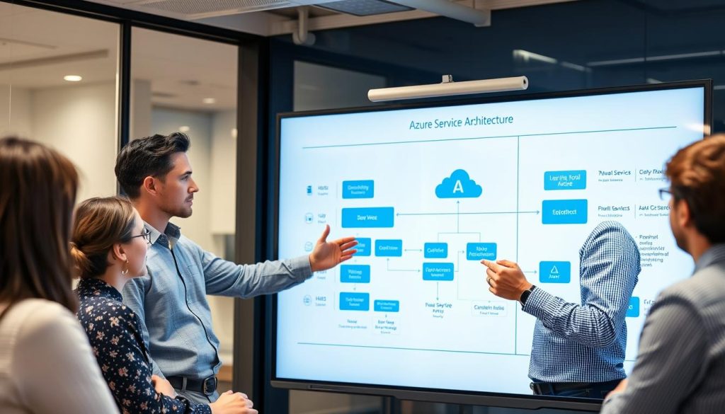 Professional IT consultant explaining Azure service architecture on a digital whiteboard