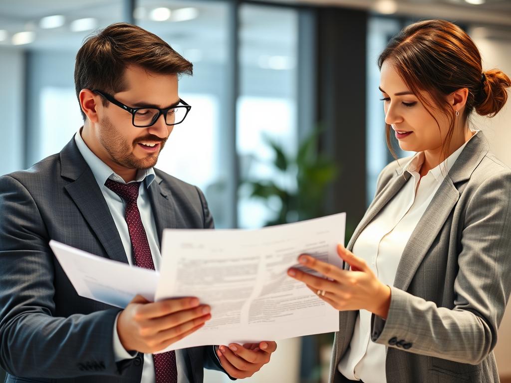 Professional reviewing compliance documentation with a colleague