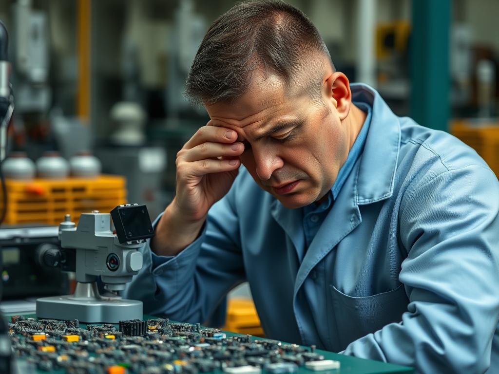 Quality inspector experiencing fatigue during prolonged visual inspection tasks