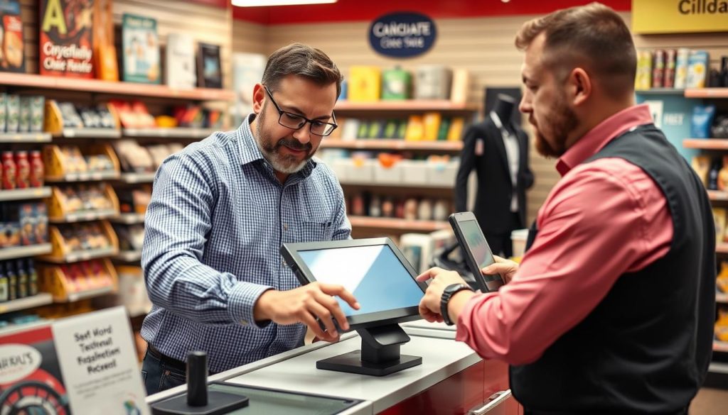Retail business owner discussing point-of-sale system with local MSP technician