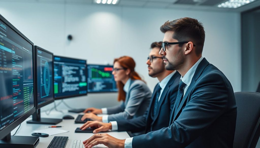 Security analysts monitoring cyber threats in a modern security operations center Security analysts monitoring cyber threats in a modern security operations center