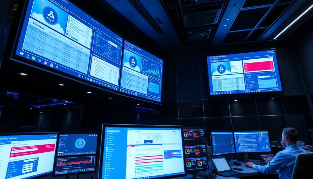 Security operations center monitoring cloud environments with multiple displays showing security alerts