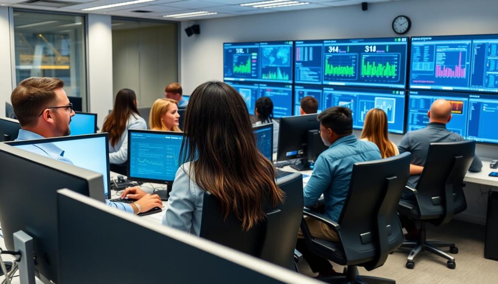 Security operations center professionals monitoring cybersecurity threats on multiple screens Security operations center professionals monitoring cybersecurity threats on multiple screens