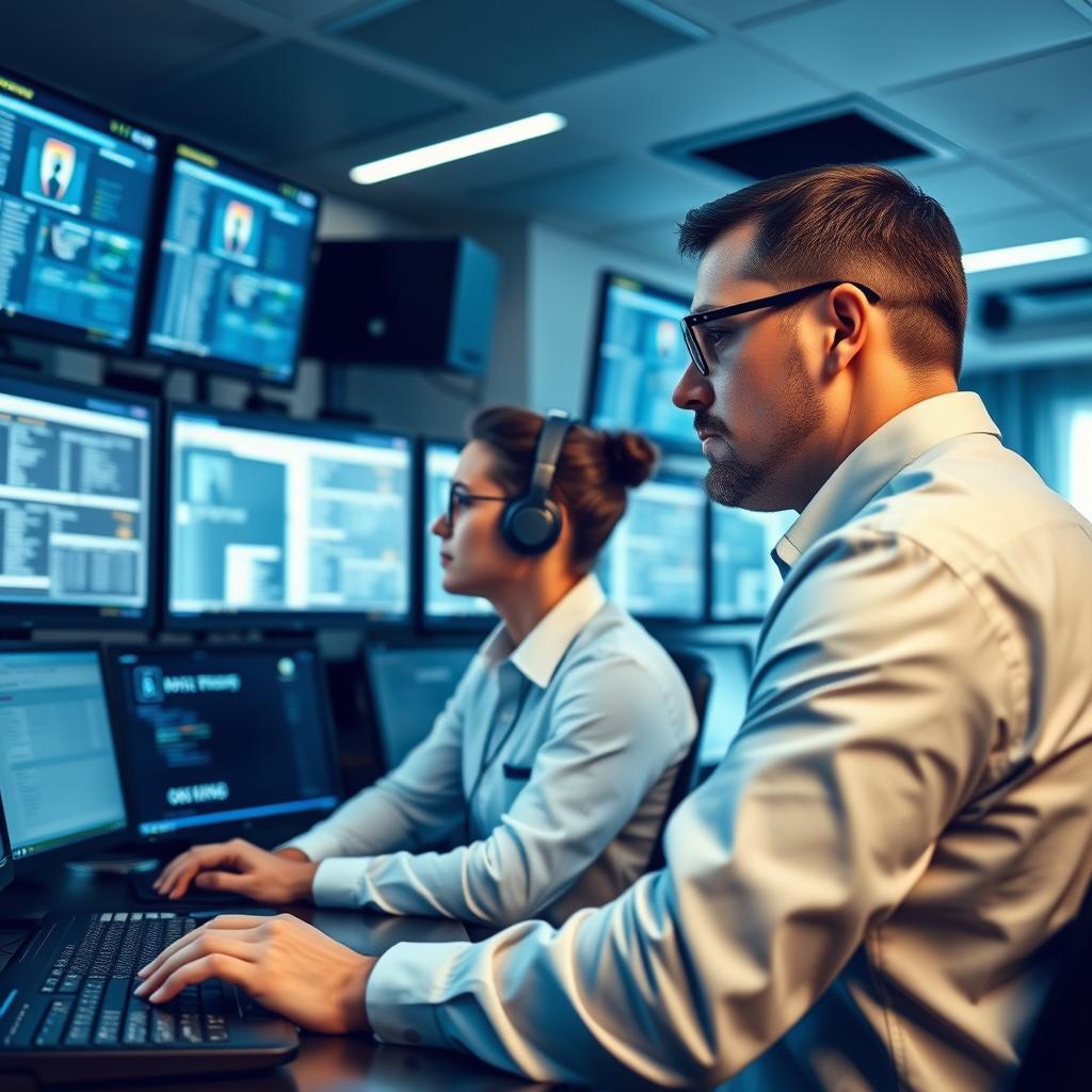 Security operations center with analysts monitoring endpoint security