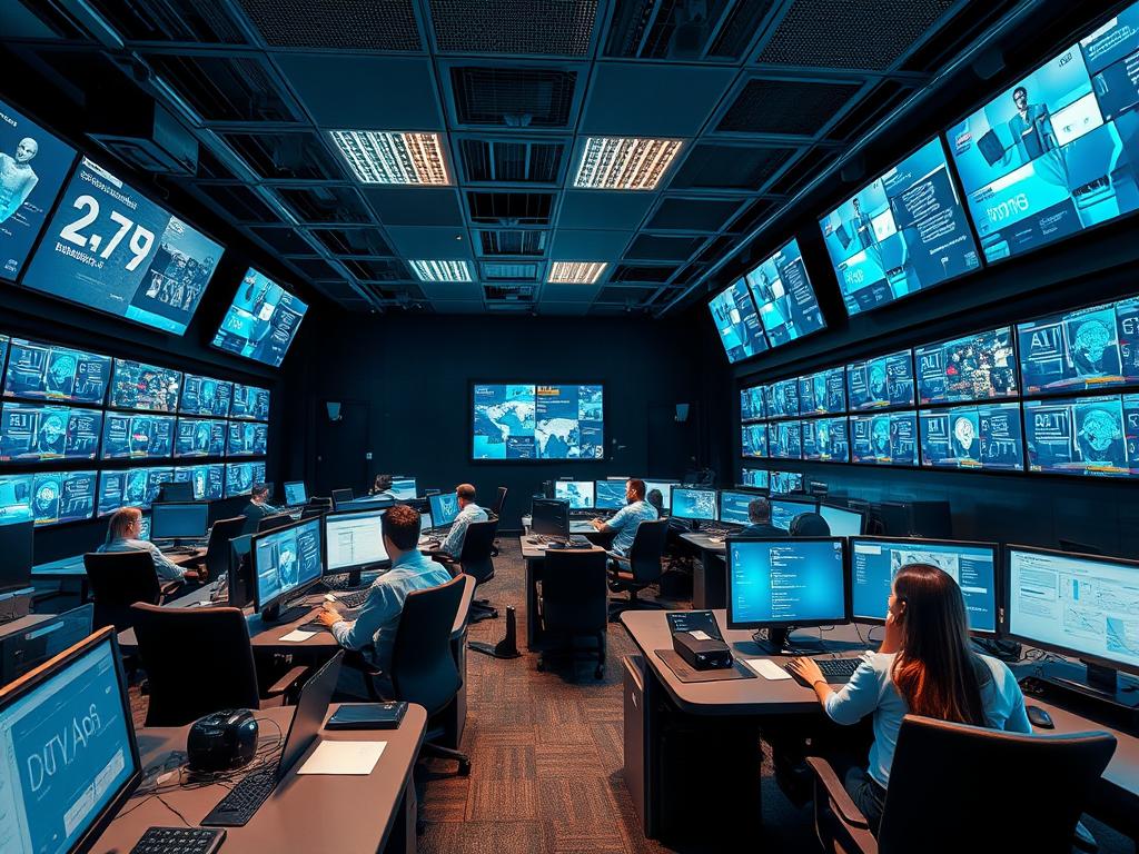 Security operations center with analysts monitoring systems 24/7