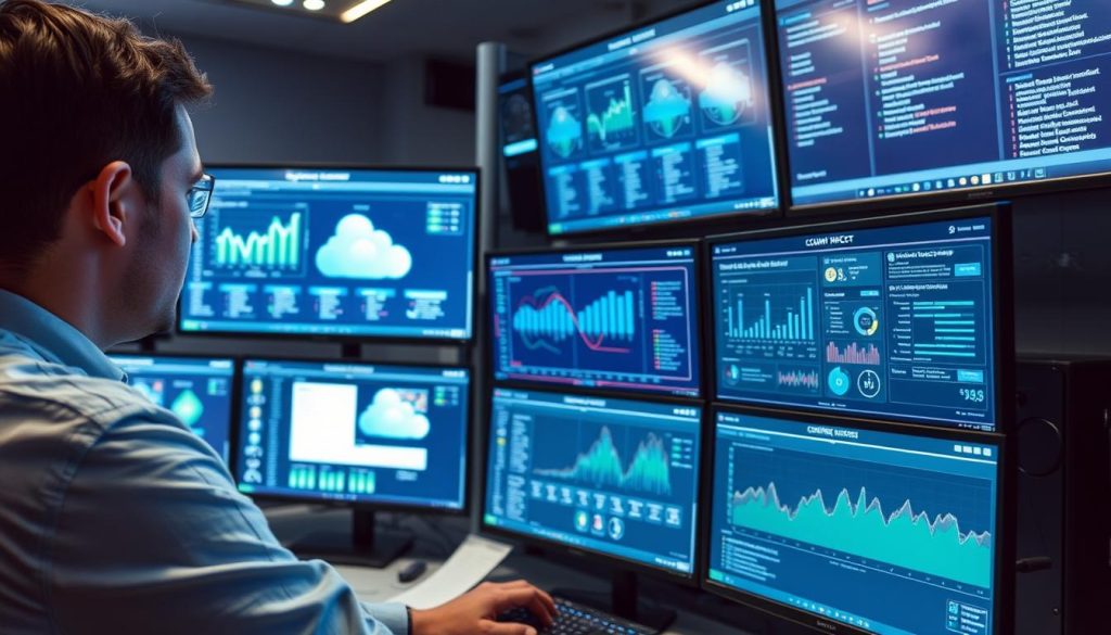 Security professional monitoring cloud security dashboard