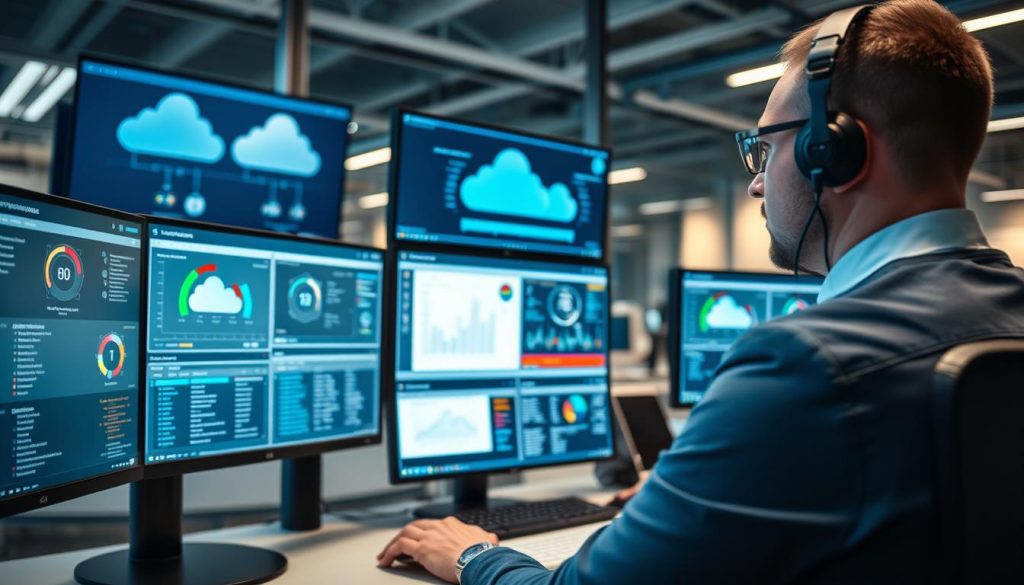 Security professional monitoring cloud security posture on multiple screens