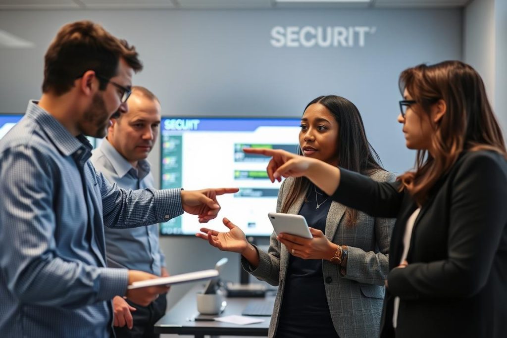 Security team collaborating on threat intelligence analysis