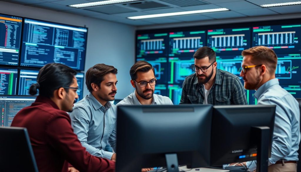Security team collaborating on threat intelligence analysis