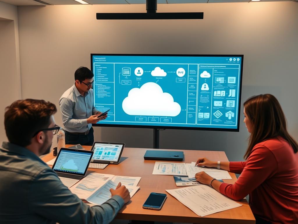 Strategic cloud migration planning session with architects mapping out infrastructure components Strategic cloud migration planning session with architects mapping out infrastructure components