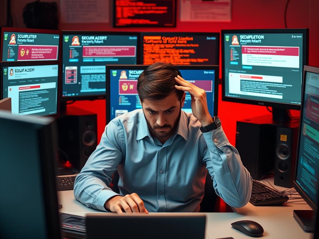 Stressed IT professional dealing with cybersecurity alerts and multiple systems