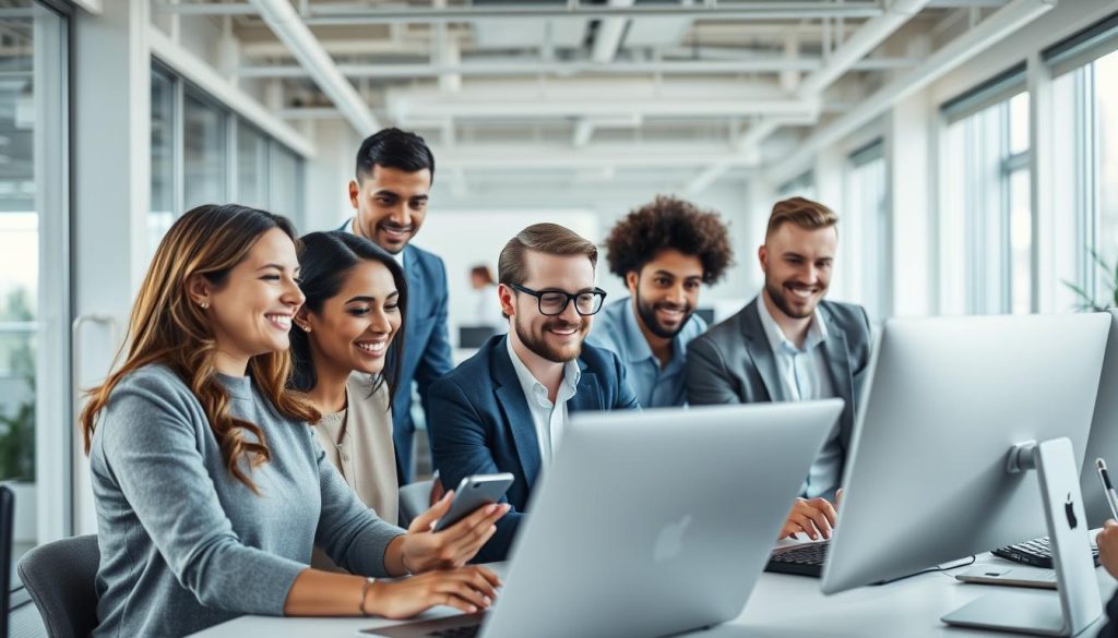 Successful business team working productively with optimized IT systems