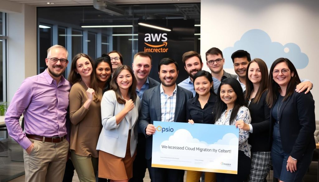 Successful cloud migration team from Opsio and client celebrating project completion