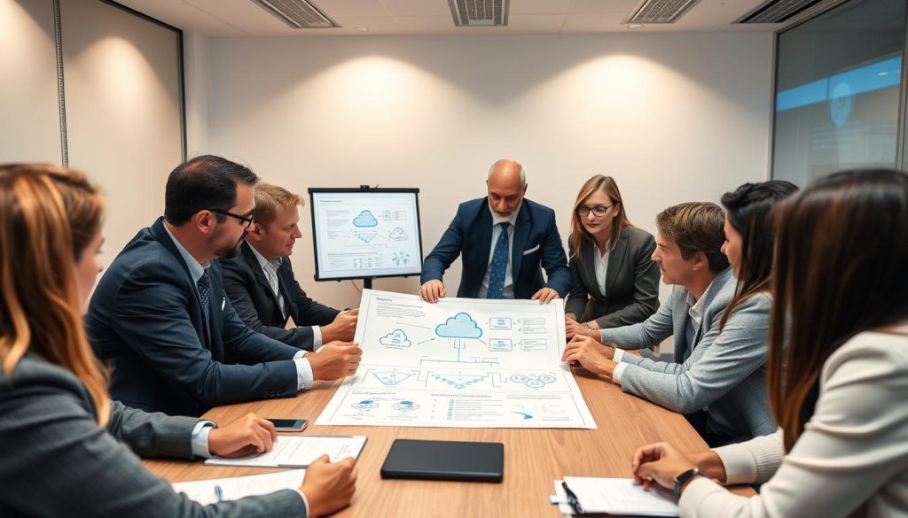Team addressing cloud security implementation challenges in a strategic meeting