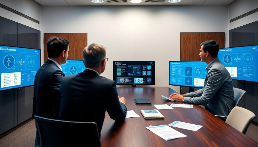 Team evaluating managed cloud security providers with assessment criteria
