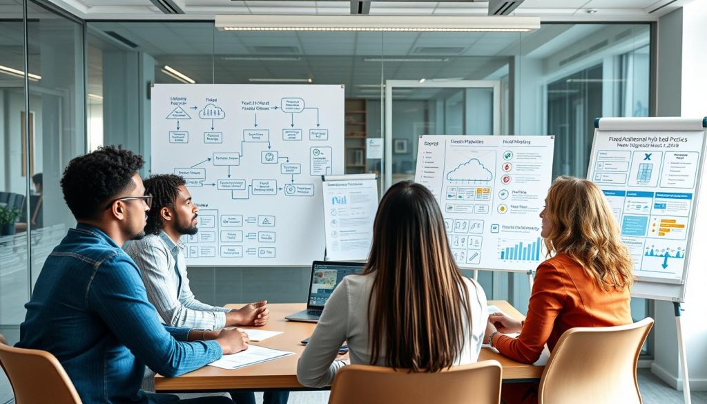 Team implementing hybrid cloud best practices with architectural diagrams