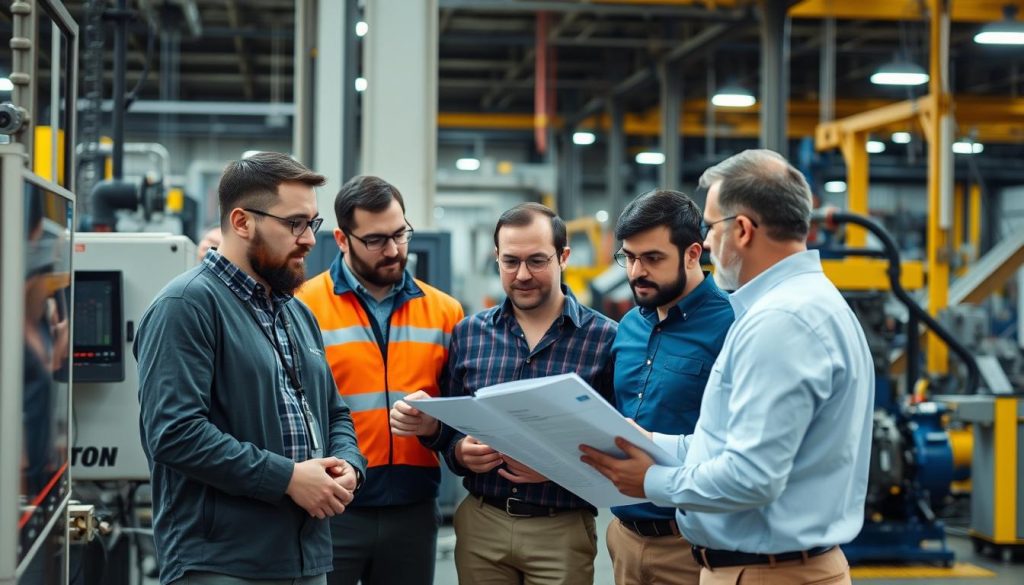 Team implementing predictive maintenance system in a manufacturing facility