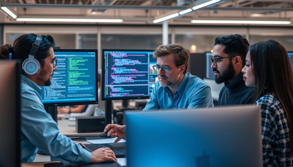Team of AI engineers and quality assurance specialists collaborating on AI quality control Team of AI engineers and quality assurance specialists collaborating on AI quality control