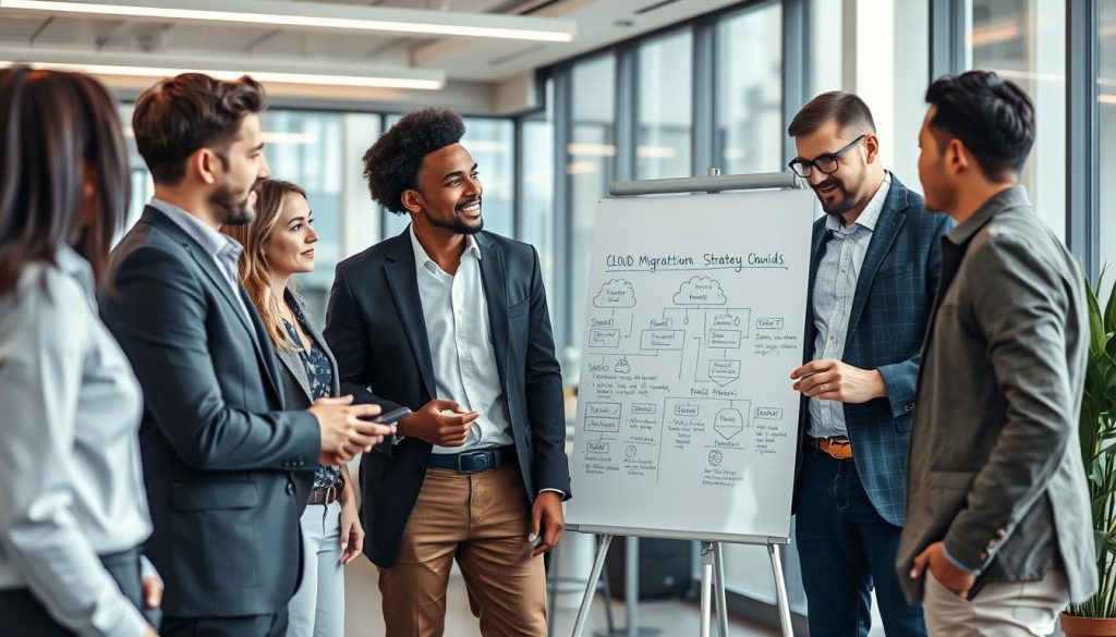 Team of IT professionals discussing AWS Migration Acceleration Program strategy on a whiteboard