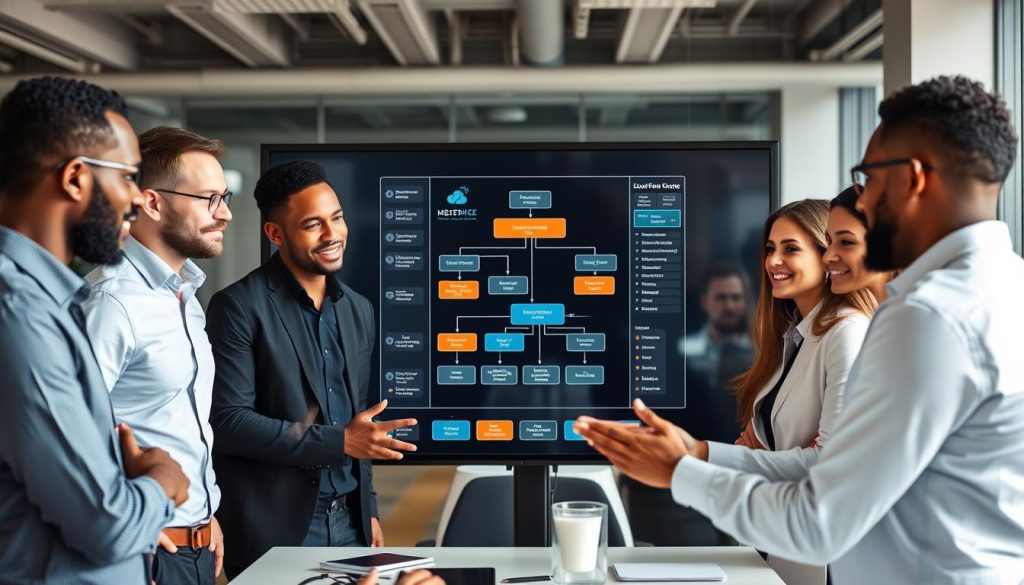 Team of cloud DevOps consultants collaborating on a workflow diagram