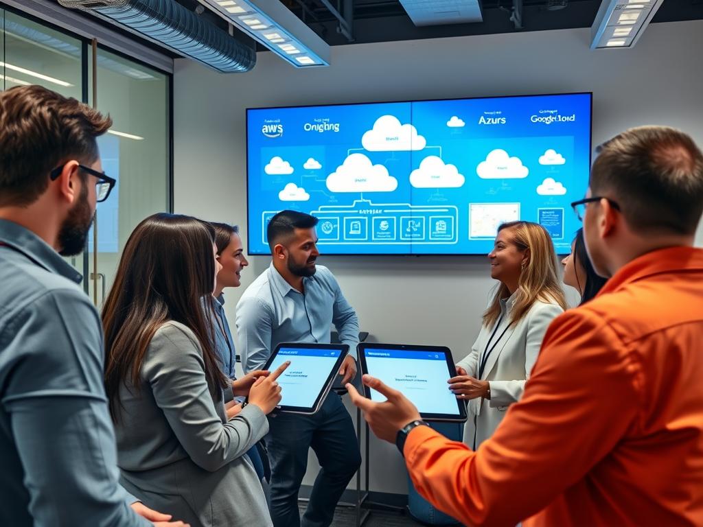 Team of cloud specialists collaborating in a modern office environment