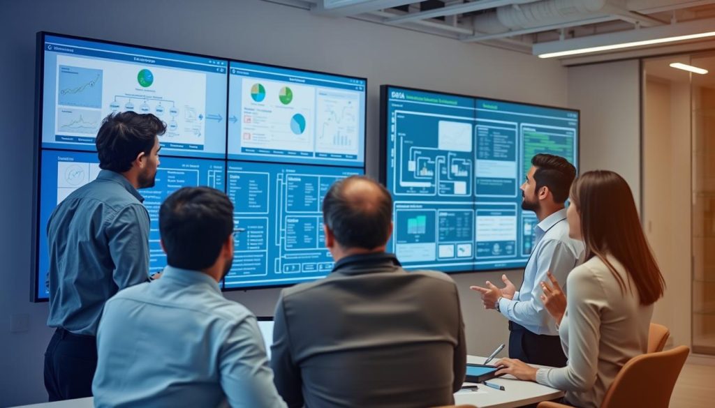 Team of data integration consultants collaborating on enterprise solution