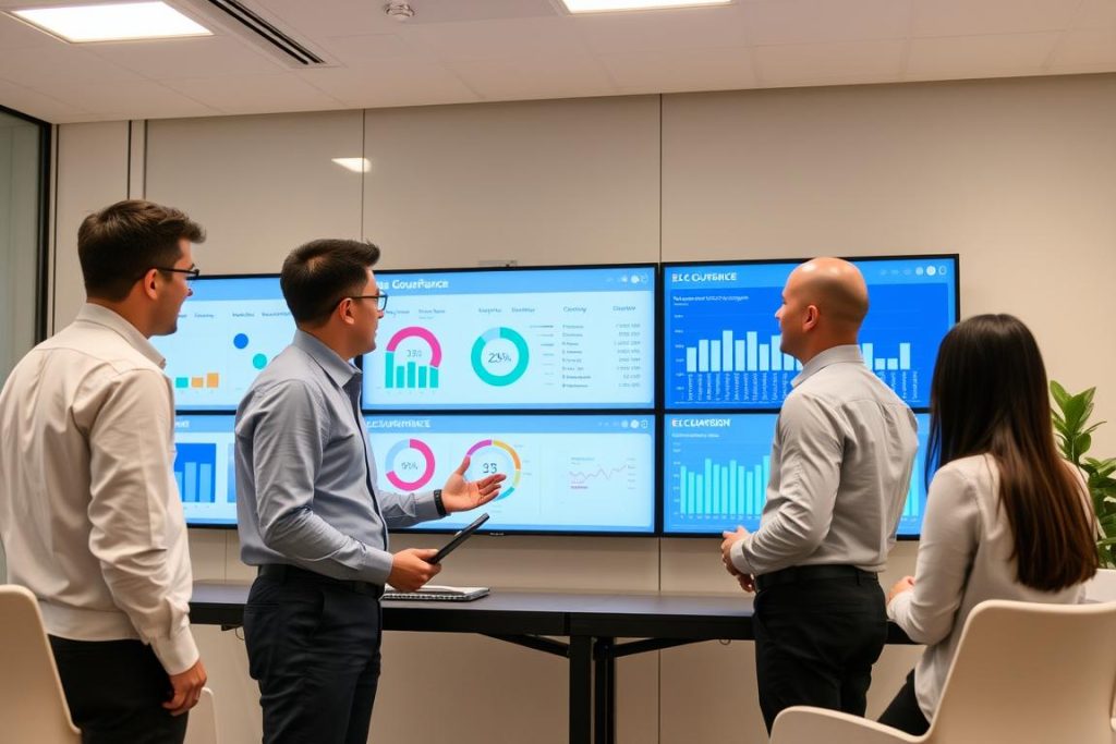 Team reviewing cloud governance dashboard