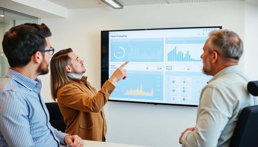 Team reviewing unified cloud infrastructure dashboard
