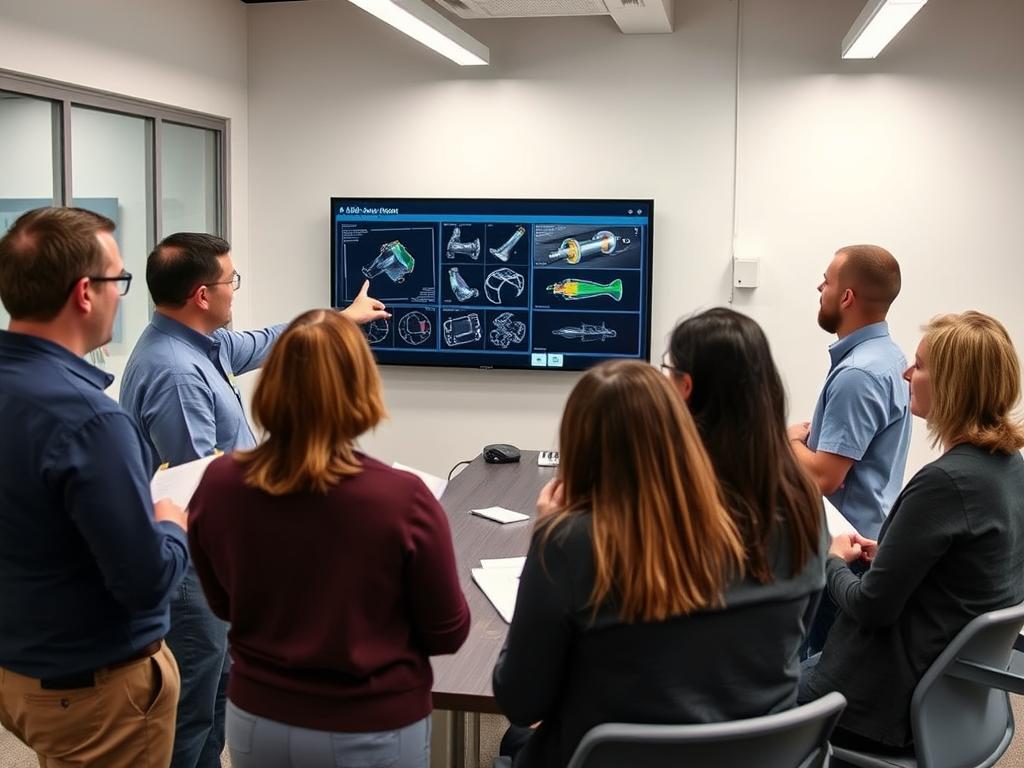 Technical specialist demonstrating Opsio's AI vision inspection system to manufacturing team