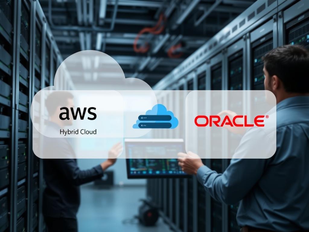 Technical team implementing hybrid cloud solution with AWS and Oracle components
