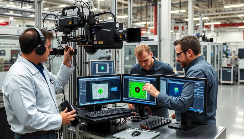 Technical team setting up an Automated Visual Inspection system