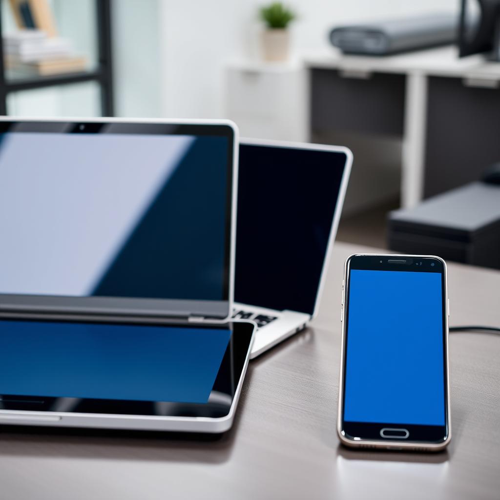 Various endpoint devices including laptops, tablets, and smartphones on office desk