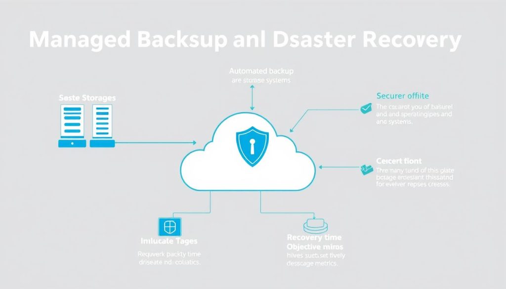 Visual representation of the key components of managed backup and disaster recovery including automated backups, offsite storage, and encryption