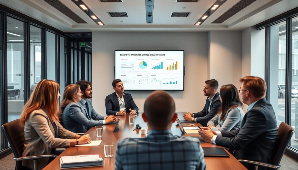 Affärsmöte där team diskuterar strategiska initiativ istället för IT-problem, visar fördelarna med IT drift outsourcing
