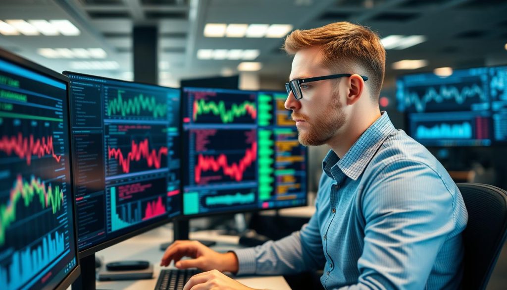 Big data konsult från Opsio analyserar dataflöden på en datorskärm