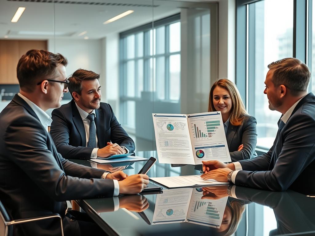 Business executives reviewing a cybersecurity assessment report with a security consultant