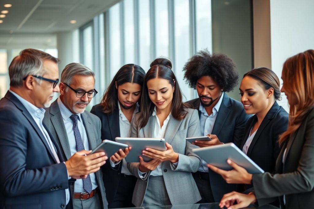 Business executives reviewing cloud infrastructure performance metrics