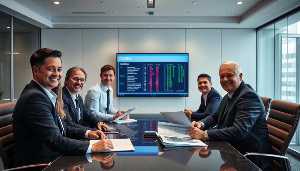 Business executives reviewing network security assessment results with Opsio team